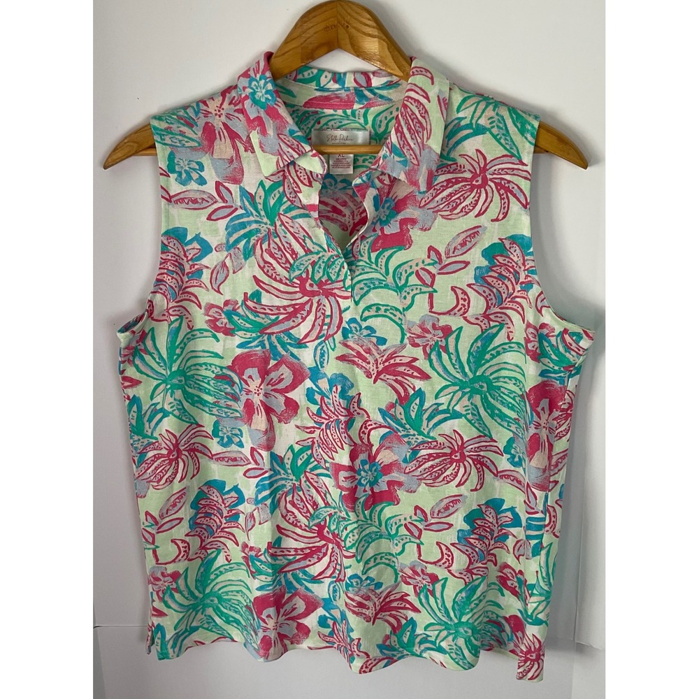 Stella Parker Collection Womens XL Tropical Floral Cotton Sleeveless Polo Shirt